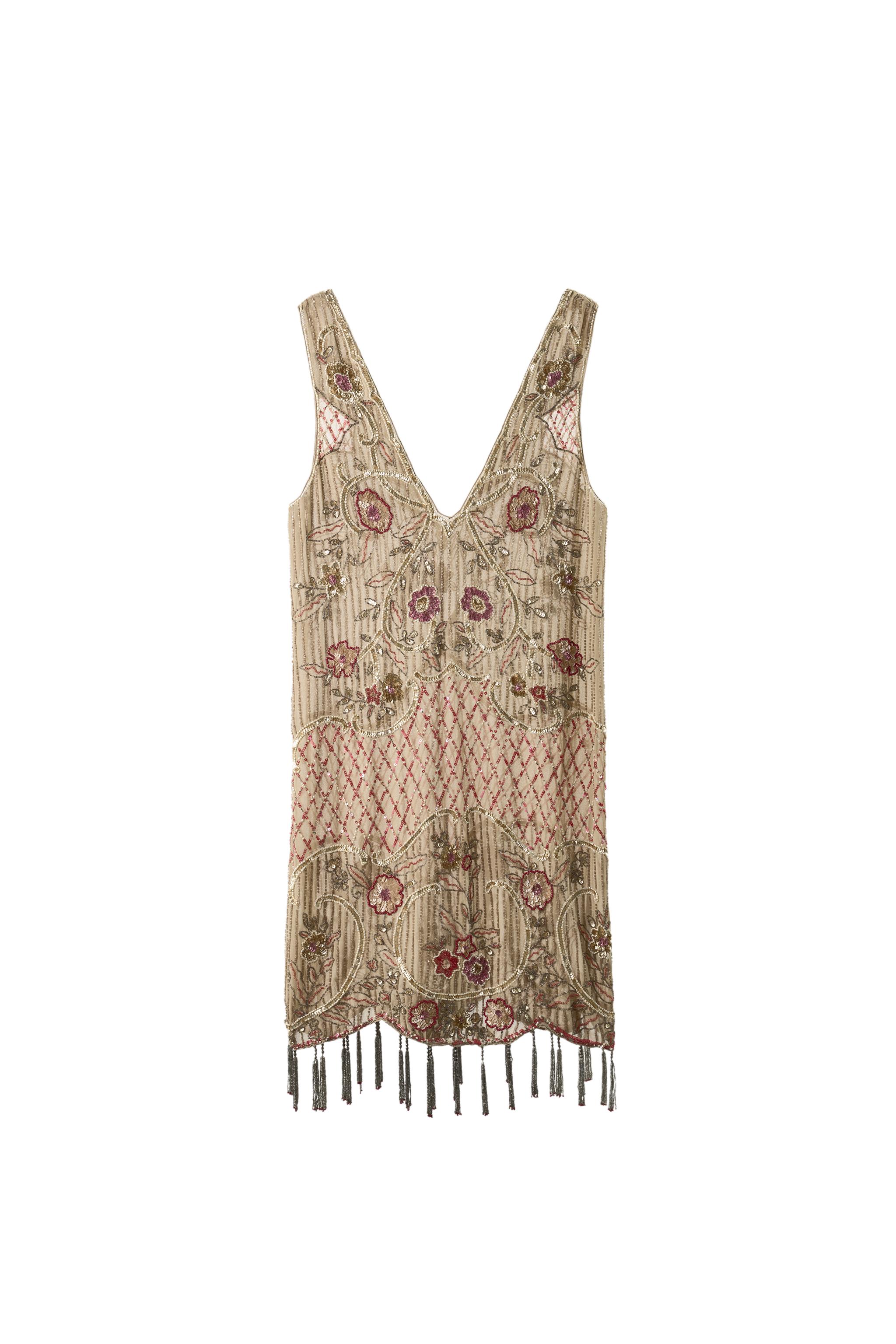 sequin fringe dress zara LIMITED EDITION BEADED SEQUIN FRINGE DRESS - Gray / Tan