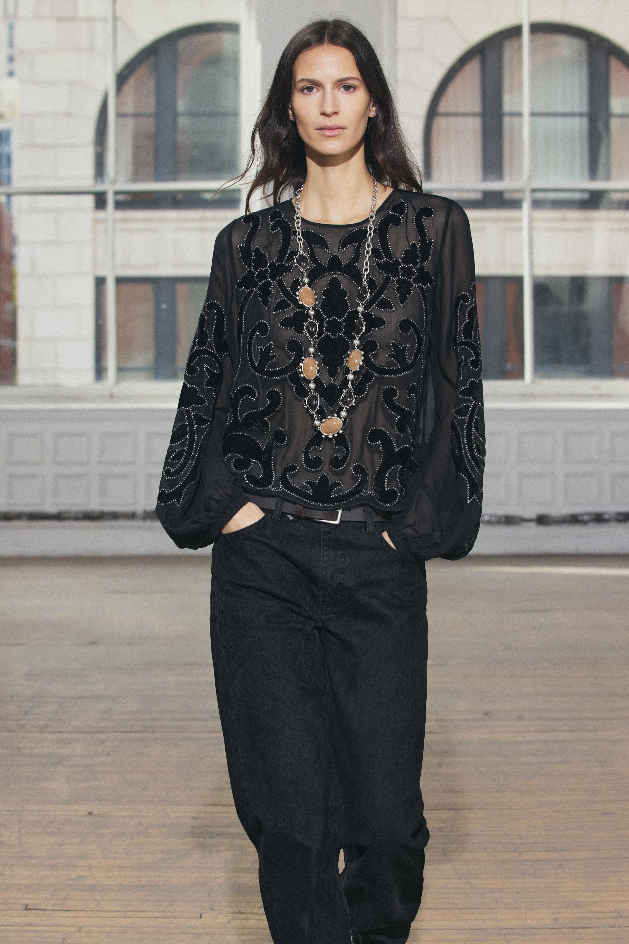 STRAIGHT CUT MID RISE FLOCKED JEANS ZW COLLECTION - Black