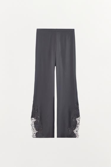 بنطلون بمظهر ساتاني ودانتيل - رمادي أنثراسايت الخاص بـ Zara
