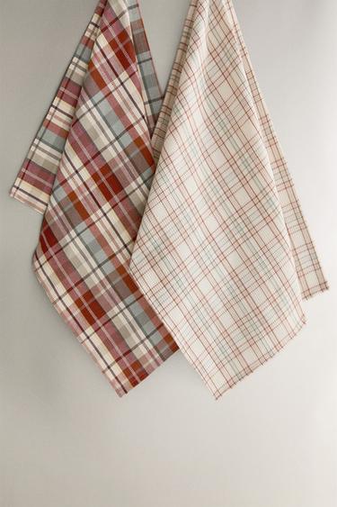 PACK OF IRREGULAR CHECK COTTON TEA TOWELS (PACK OF 2) - أخضر /أزرق الخاص بـ Zara