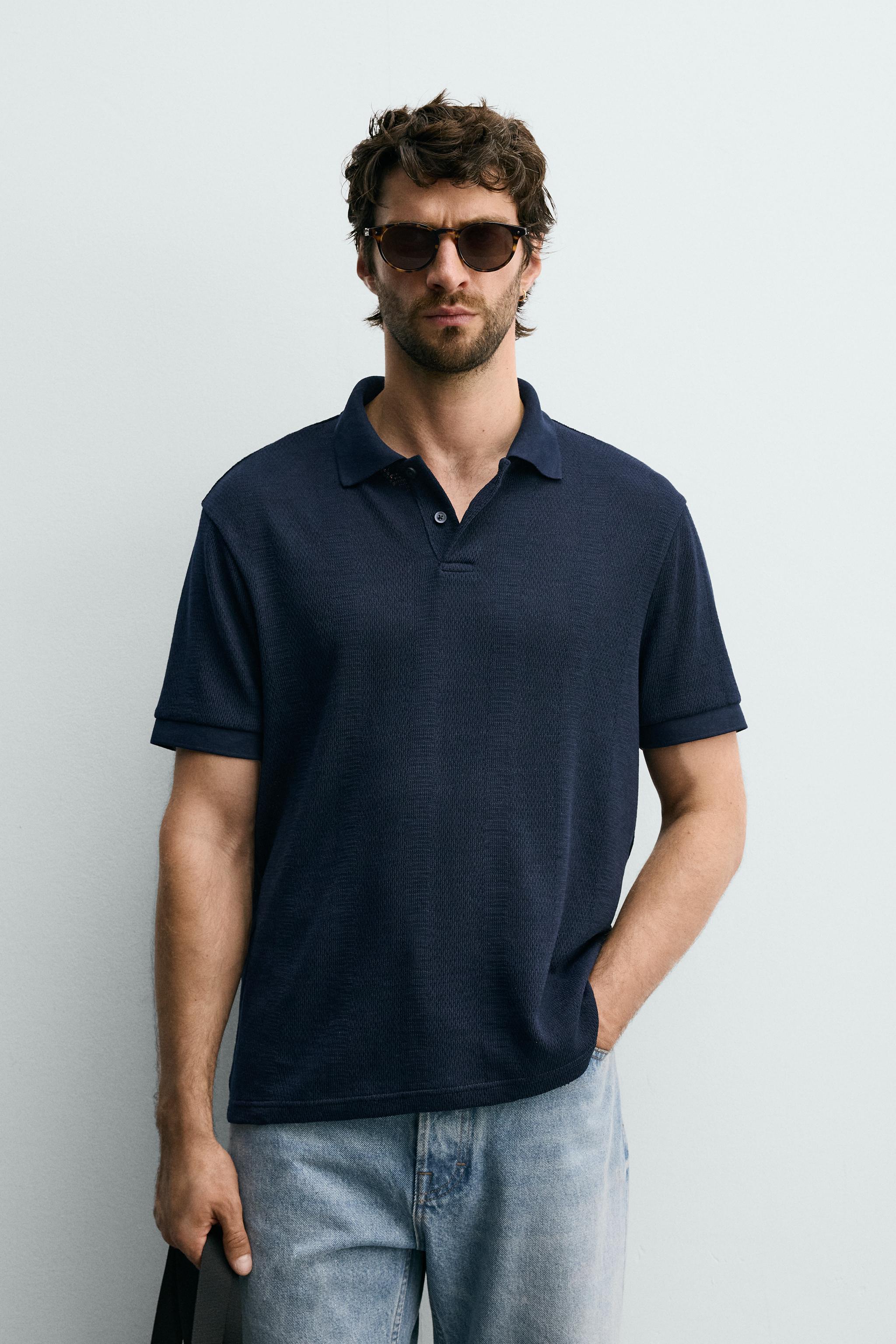 STRIPED JACQUARD REGULAR FIT POLO — Navy blue