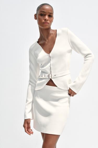 CASACO DE TRICÔ LISO COM CINTO - Branco da Zara