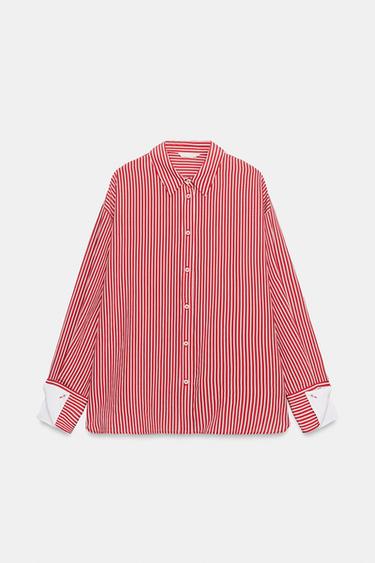 STRIPED SHIRT WITH CONTRAST CUFFS - Red / White by Zara - Image 3