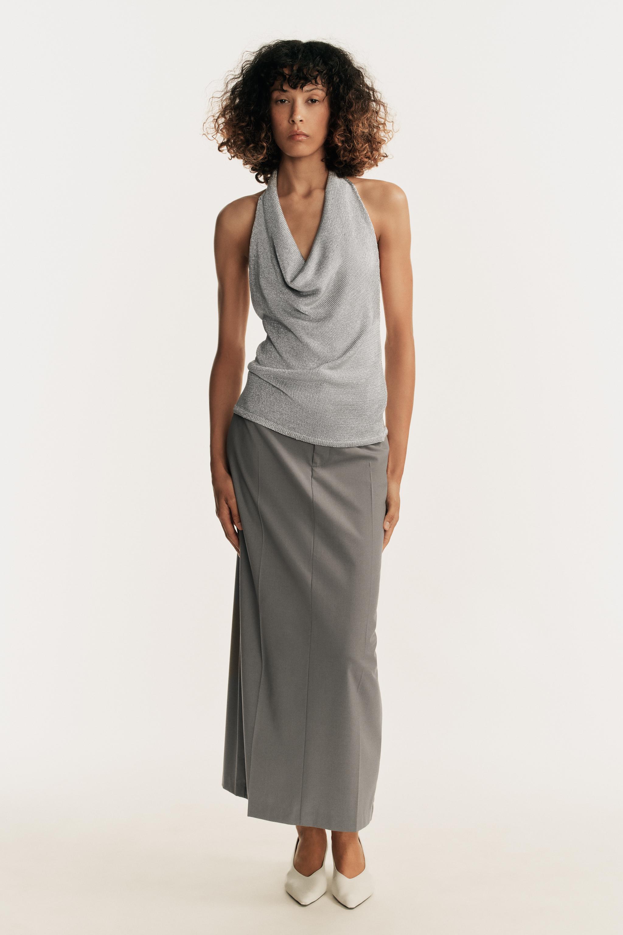 METALLIC KNIT HALTER TOP — Silver