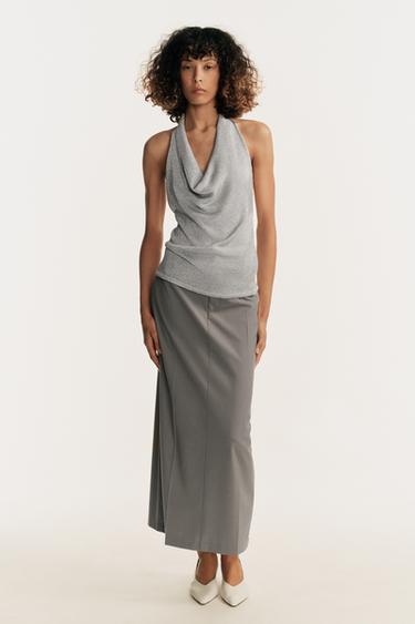 Zara METALLIC KNIT HALTER TOP - Silver