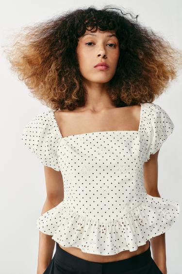 Zara PRINTED EYELET EMBROIDERED TOP - Ecru / Navy