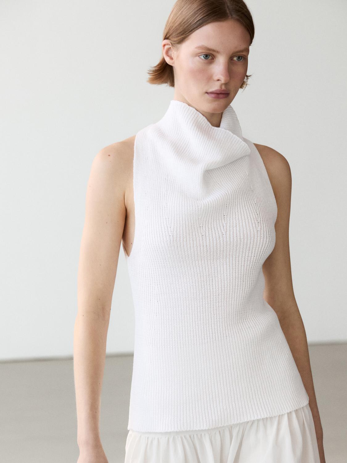 Cotton top with cowl neckline — white