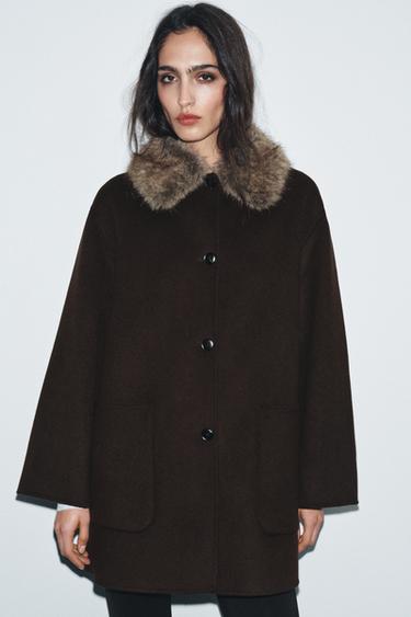 Zara WOOL BLEND COAT WITH FAUX FUR COLLAR ZW COLLECTION - Brown