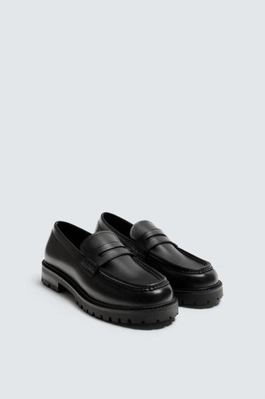 Zara LEATHER TRACK PENNY LOAFERS - Black