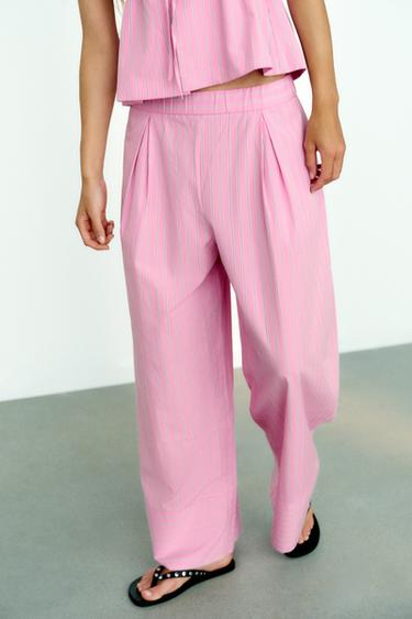 STRIPED POPLIN WIDE-LEG TROUSERS - Pink / White by Zara - Image 6
