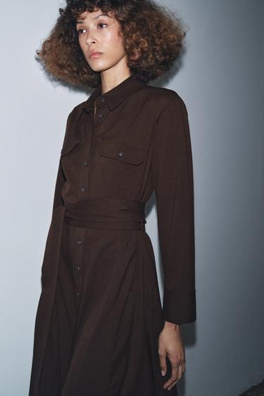 ZW COLLECTION BELTED SHIRT DRESS - Brown by Zara - Image 3
