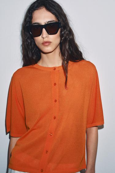 SHORT SLEEVE KNIT CARDIGAN - Neon orange by Zara