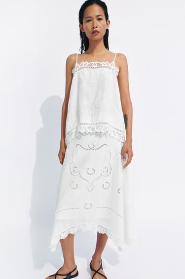 Zara ZW COLLECTION 100% LINEN TOP AND SKIRT SET - Faded sky blue