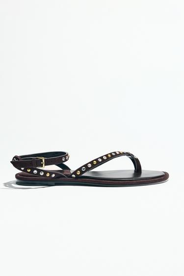 Zara BEADED LEATHER SANDALS - Brown