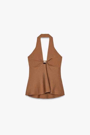 HALTER PEPLUM TOP - camel by Zara - Image 4