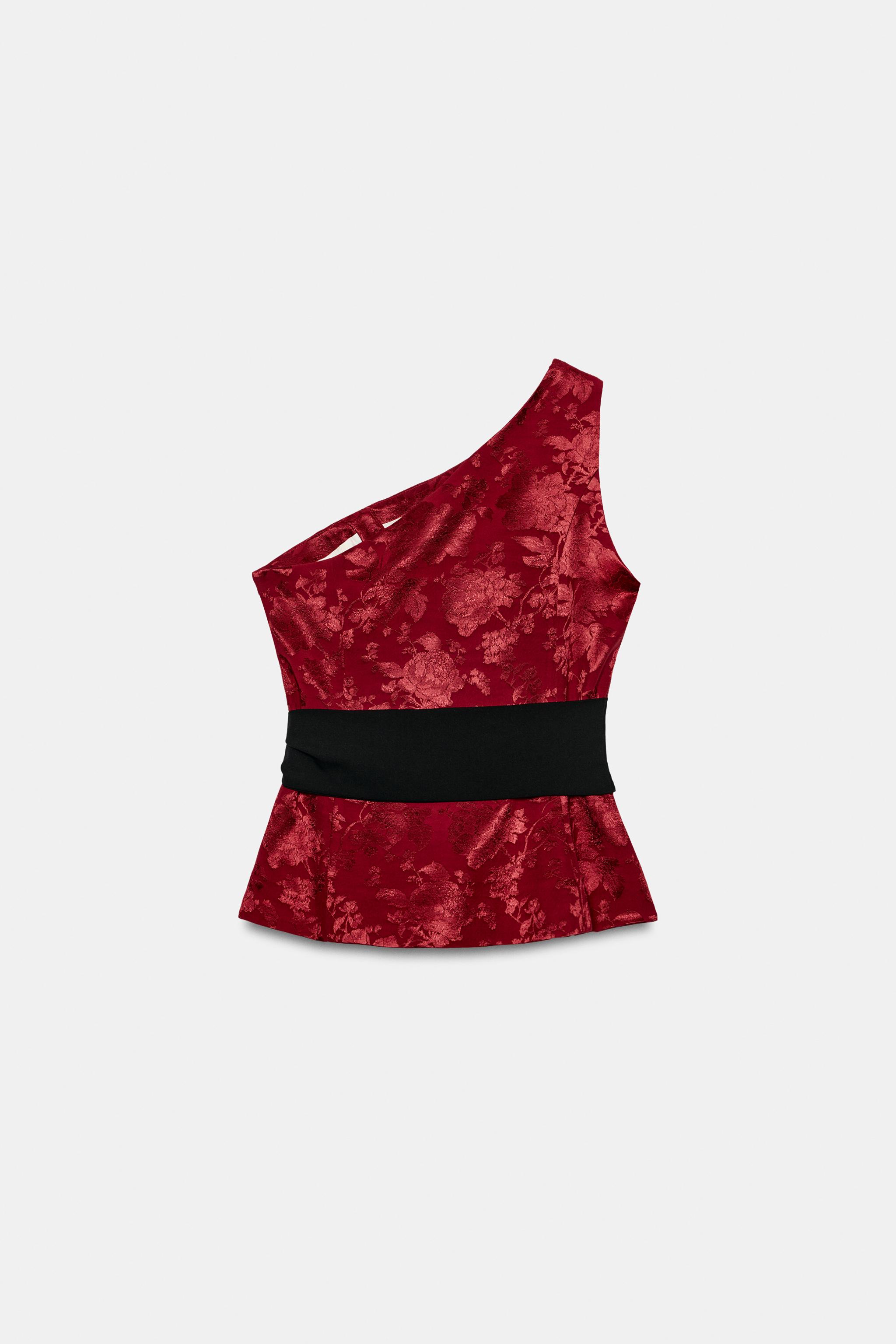 ASYMMETRIC JACQUARD BELTED TOP