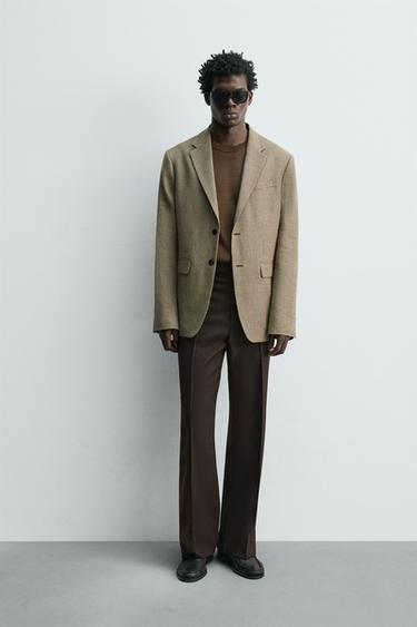 Zara 千鳥格紋亞麻棉質混紡西裝外套 - 沙色