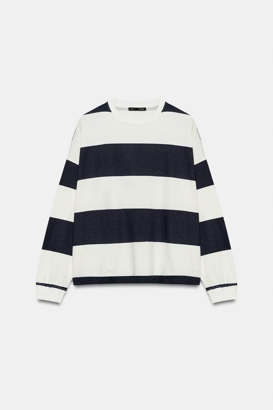 CAMISETA RAYAS MANGA LARGA - Crudo / Marino de Zara - Imagen 0
