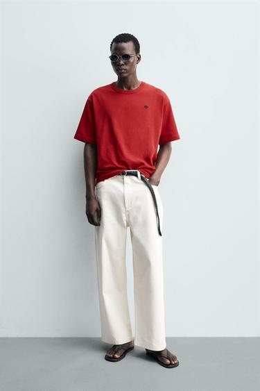 Zara CONTRAST EMBROIDERED T-SHIRT - Red - Image 0