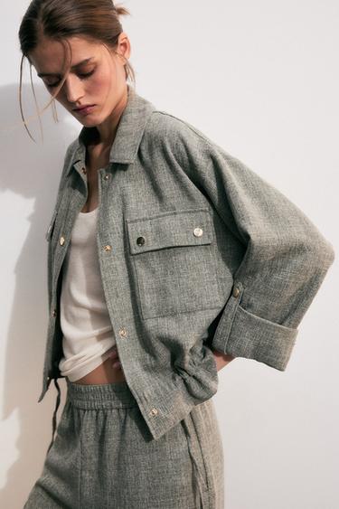 Zara CROPPED JACKET WITH ROLLED SLEEVES - Green marl