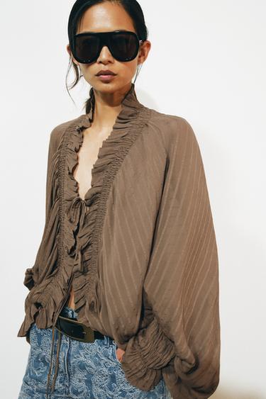 Zara ZW COLLECTION RUCHED BLOUSE - Brown