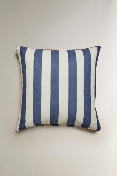 TAIE D’OREILLER COTON LAVÉ RAYURES - Bleu de Zara - Image 1