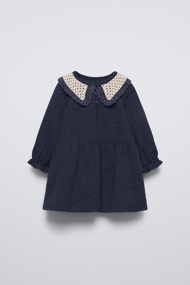 TEXTURED DRESS WITH CROCHET COLLAR - Blue by Zara