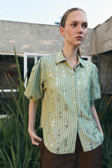 STRIPED SEQUIN SHIRT - Mid-green by Zara