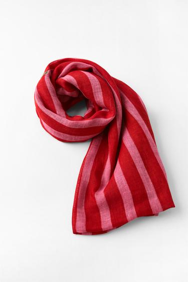 FOULARD EN LIN À RAYURES ET BRODERIES FLORALES - Rouge de Zara