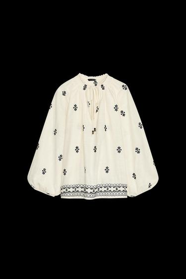 EMBROIDERED BLOUSE - Ecru / Black by Zara - Image 0