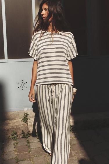 Zara RUSTIC STRAIGHT LEG PANTS - Black / White