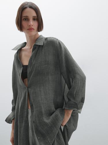 Zara Semi-sheer ramie blend oversize blouse - Blue gray