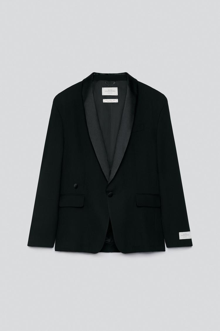 100% WOOL TUXEDO BLAZER — Black