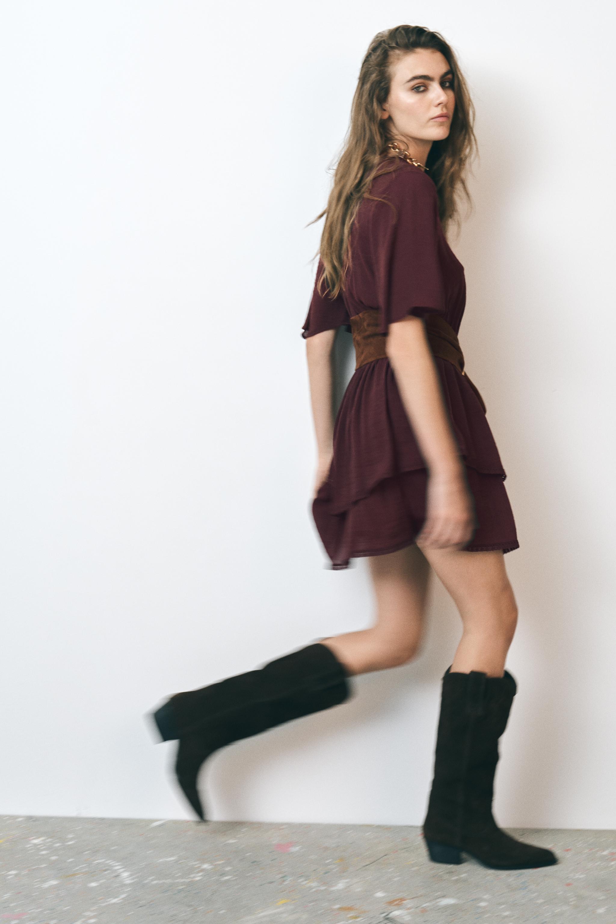 España Vestidos Vestido Mini ZARA Con Costuras Burdeos ¡Super