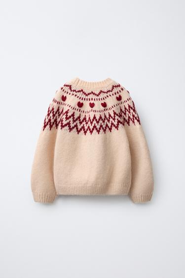 PULL EN MAILLE JACQUARD À CŒURS - Écru de Zara - Image 1