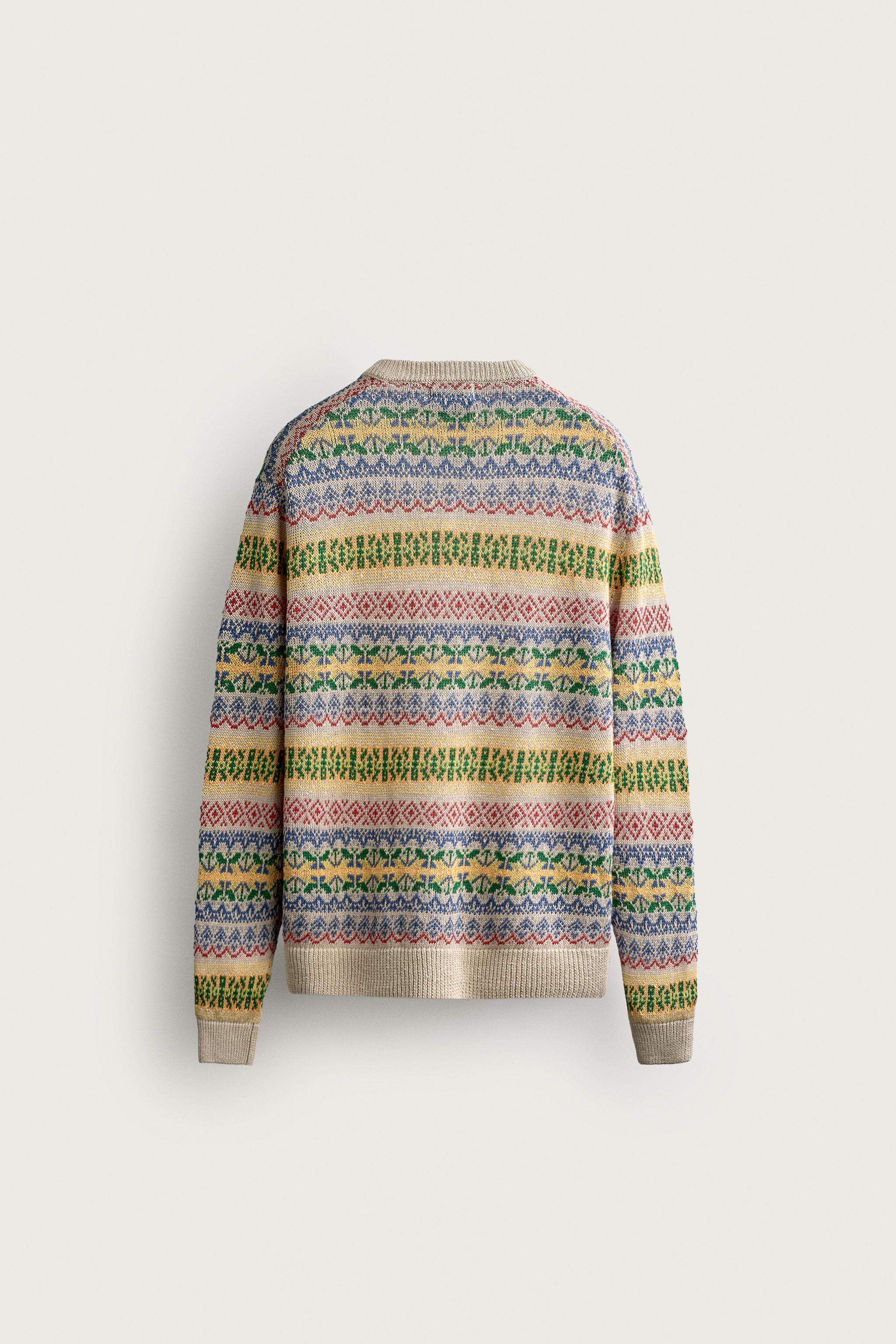 AARON LEVINE X ZARA 100% LINEN GEOMETRIC JACQUARD SWEATER — taupe brown