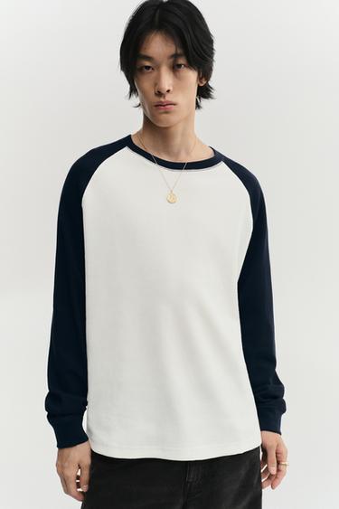 Zara 撞色細格紋理 T 恤 - 海藍色 / 白色