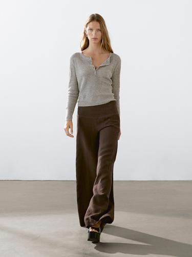 Pantalon lin large taille haute - Marron de Zara