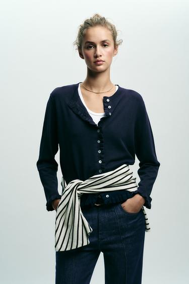 RUFFLE TRIM CARDIGAN - Navy blue by Zara - Image 4