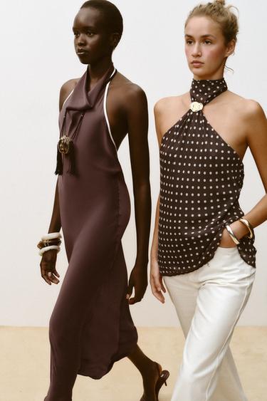 HALTER TOP WITH HARDWARE AND POLKA DOTS - Ecru / Brown by Zara