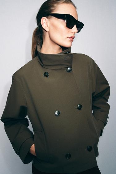 Zara DOUBLE BREASTED SHORT TRENCH COAT - Dark khaki