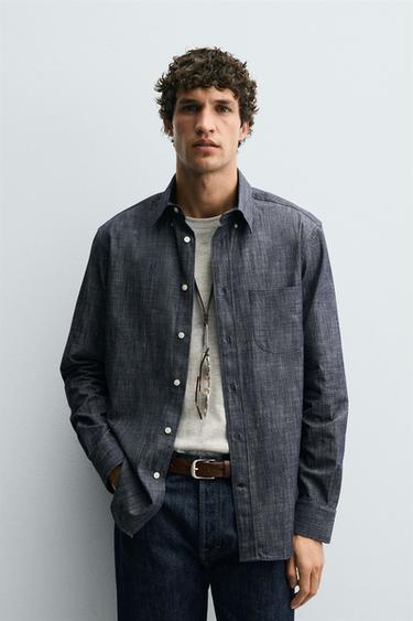 Zara 標準版鈕扣領襯衫 - 深靛青色