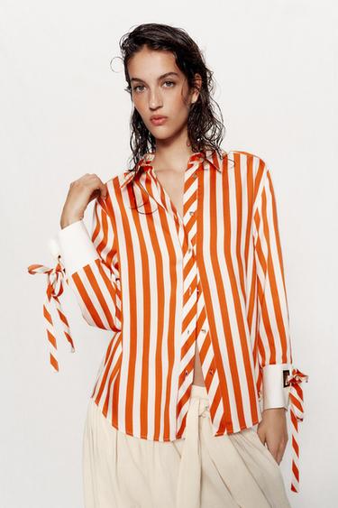 STRIPED SHIRT WITH BOWS - white-orange by Zara