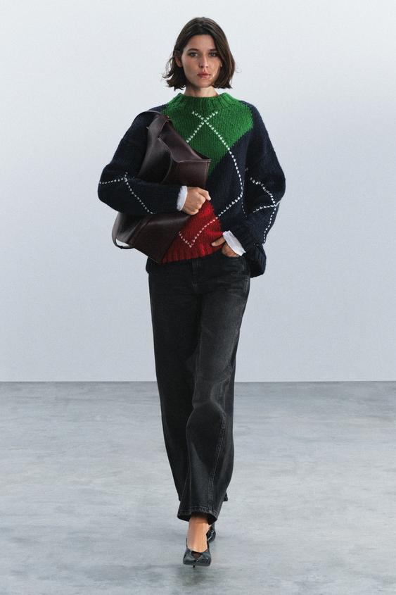 OVERSIZE ARGYLE KNIT JUMPER - Navy blue by Zara - Image 0