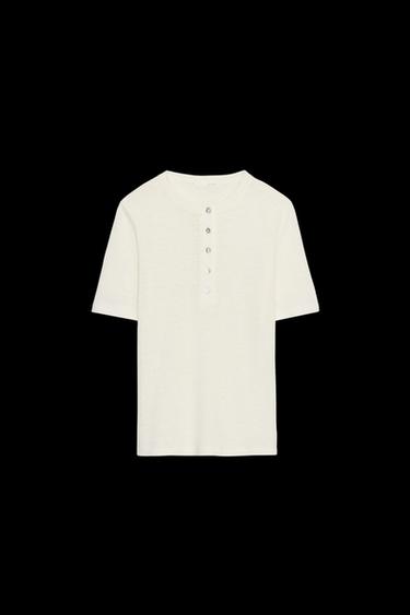 T-SHIRT MIT LEINEN UND KNÖPFEN - Cremefarben von Zara - Bild 0
