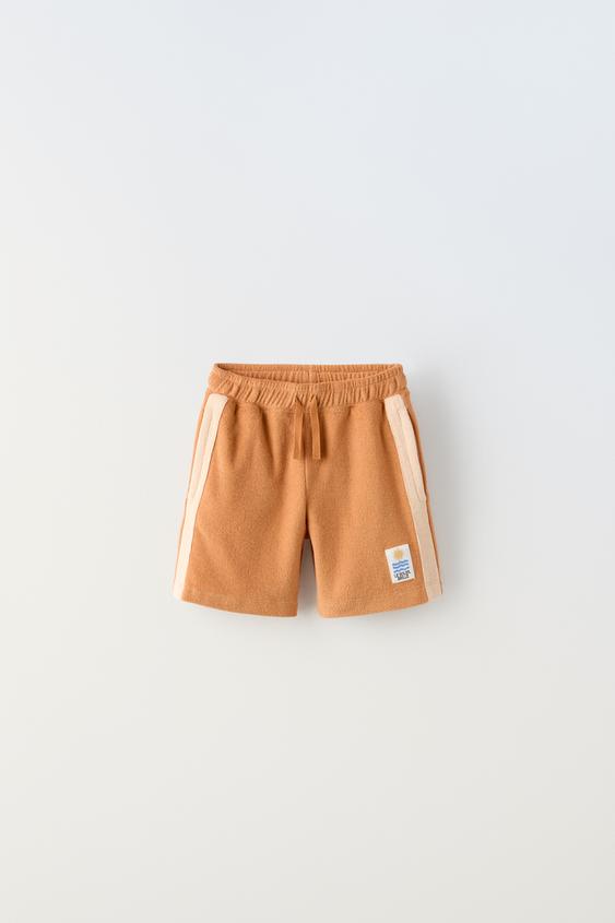 Contrasting Label Terrycloth Shorts Mid Camel Zara United States