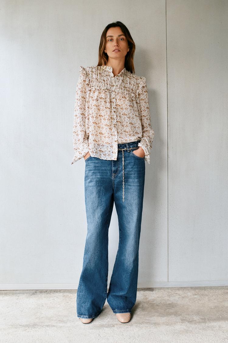 Blouse Plumeti Zara Zara Womens Floral Embroidered Sleeve Sheer