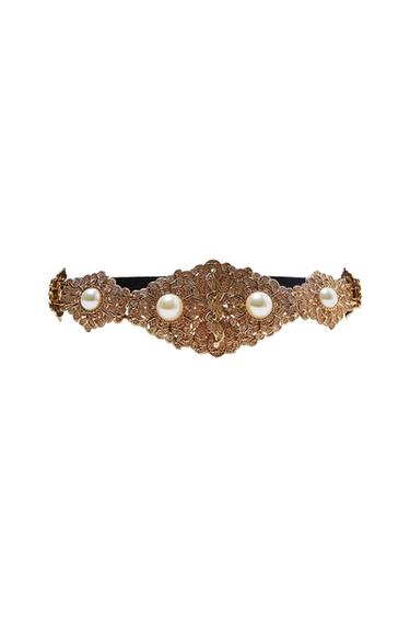 STRETCH FABRIC METAL BELT WITH FAUX PEARLS