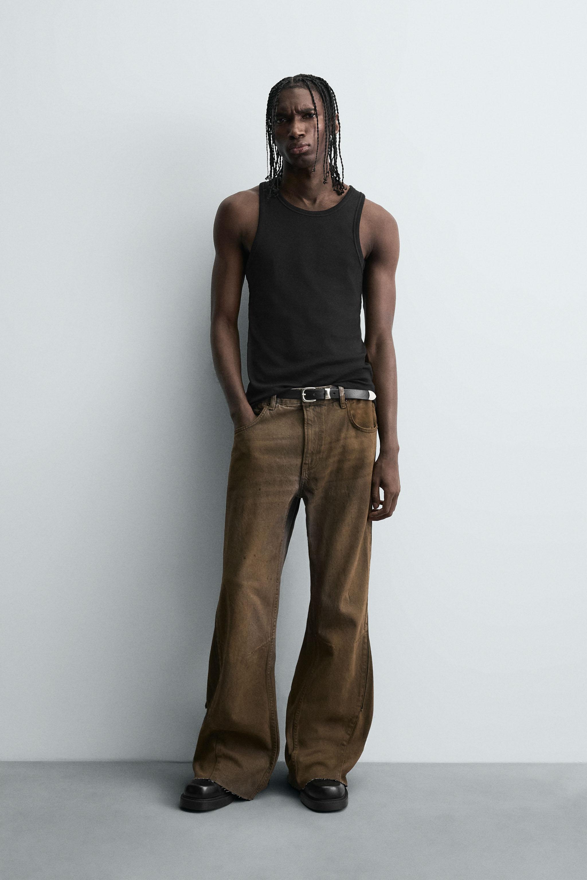 ジップディテールフレアフィットデニムパンツ - ブラウン | ZARA