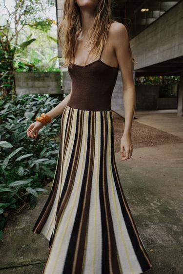 RUSTIC STRIPED DRESS - Ecru / Brown by Zara - Image 4
